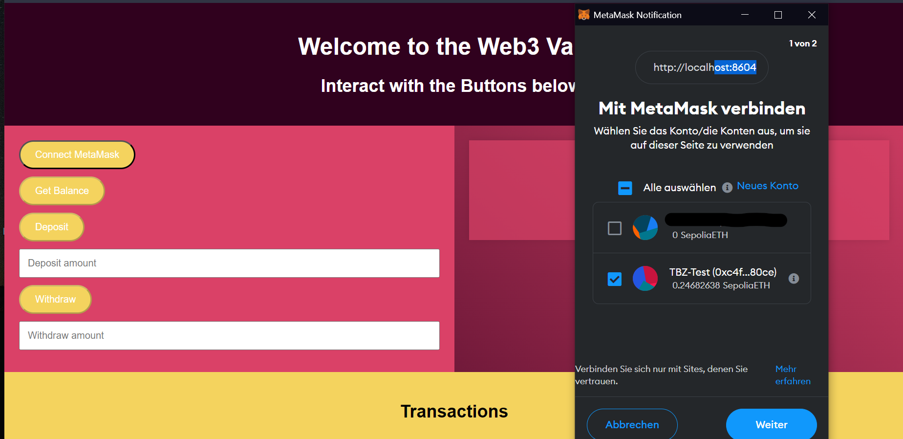 Wallet connected, balance live from the contract