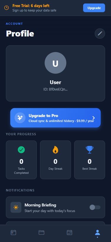 Profile view, trial account. Real accounts replace the countdown with the usual settings.
