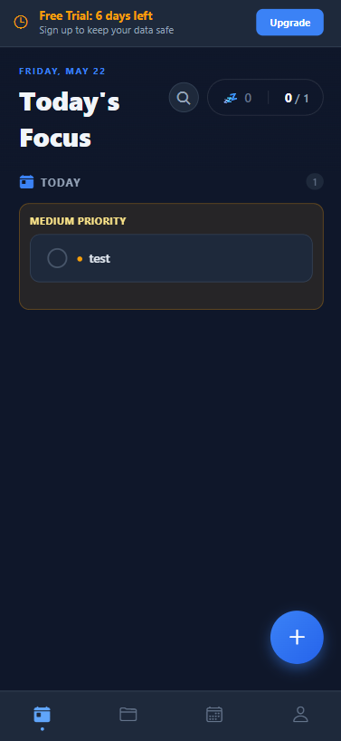Today view, the main screen. Shown here in trial mode (no account yet).